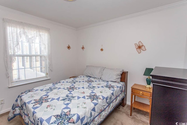 bedroom with light colored carpet, ornamental molding, and multiple windows