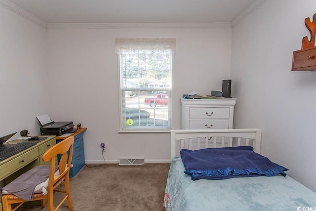 carpeted bedroom featuring crown molding