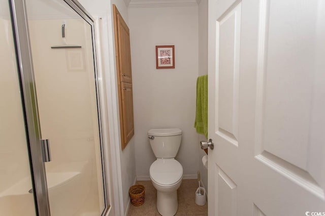 bathroom with toilet, walk in shower, and tile patterned flooring