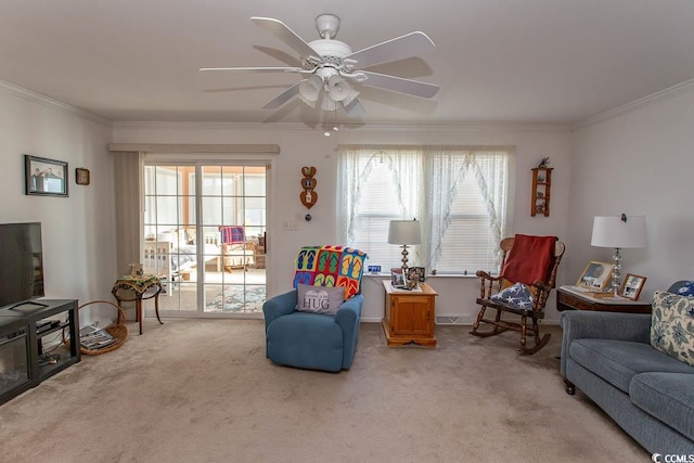 living room featuring light carpet, a wealth of natural light, and ornamental molding