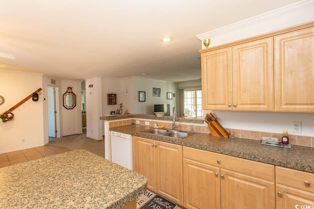 kitchen featuring sink, white dishwasher, crown molding, and light brown cabinets