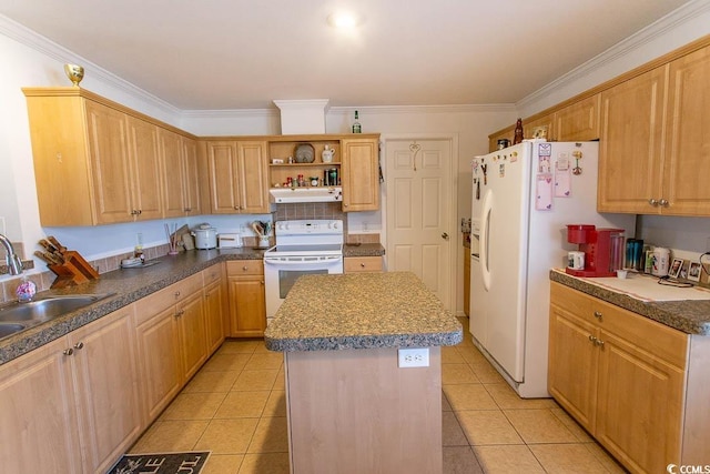 kitchen with white appliances, a center island, light tile patterned floors, ornamental molding, and sink