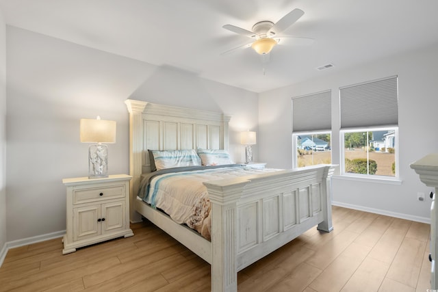 bedroom featuring ceiling fan and light wood-type flooring