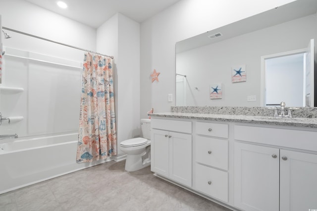 full bathroom with shower / bath combo with shower curtain, toilet, and vanity