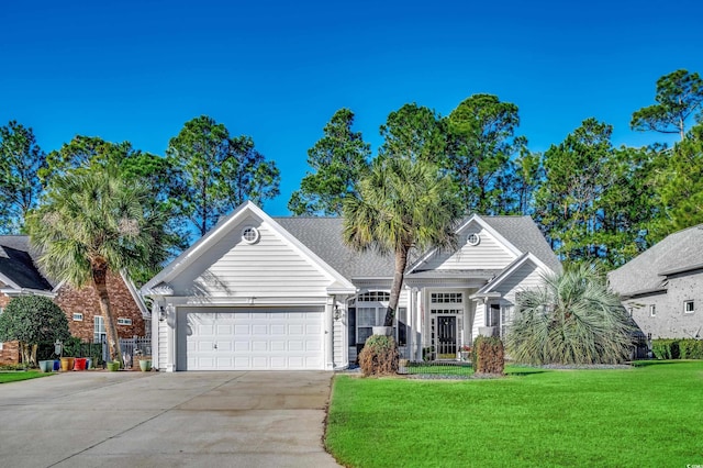 view of front of home with a front lawn and a garage