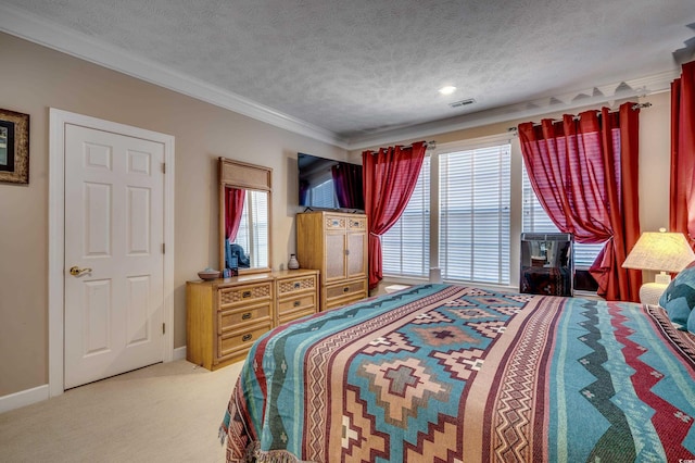 carpeted bedroom with a textured ceiling, multiple windows, and crown molding