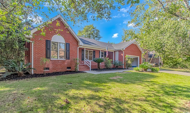 view of front of home with a garage, a front yard, and covered porch