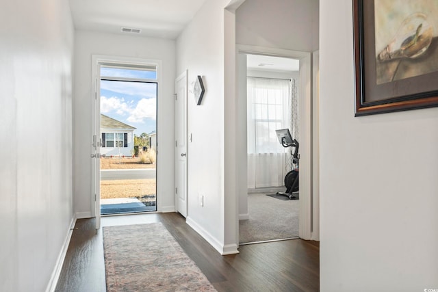 entryway with dark wood-type flooring