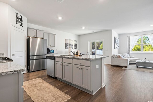 kitchen featuring dark wood-type flooring, stainless steel appliances, gray cabinetry, and an island with sink