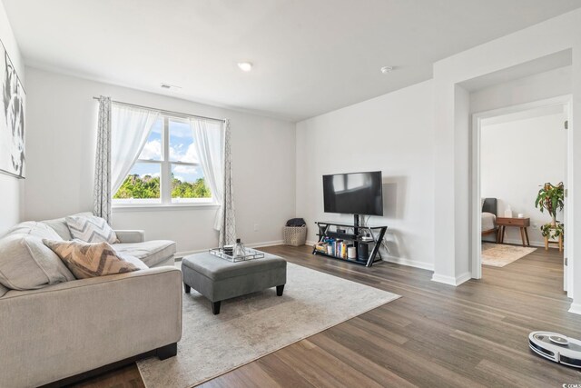 living room with dark wood-type flooring