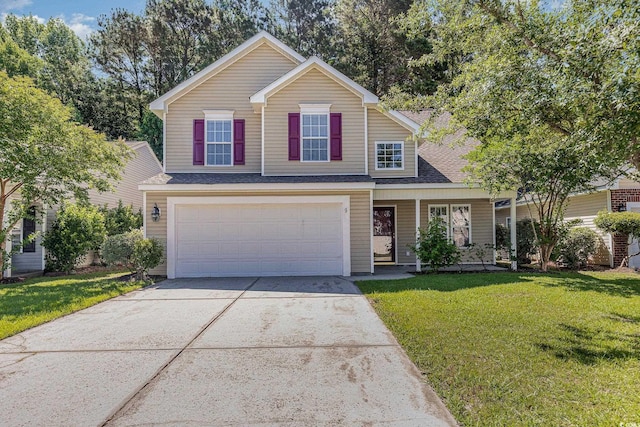 front facade with a garage and a front lawn