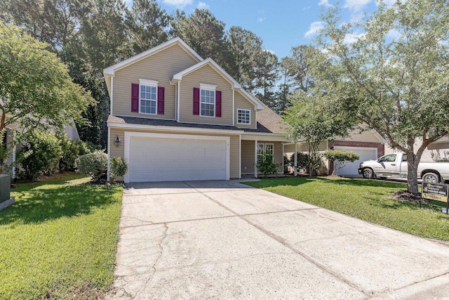 view of property with a garage and a front yard