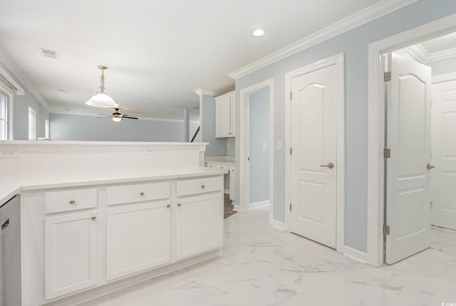 kitchen featuring white cabinetry, decorative light fixtures, ornamental molding, and ceiling fan