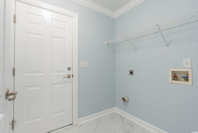 laundry area with hookup for a washing machine, crown molding, and electric dryer hookup