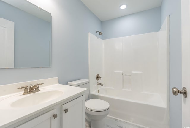 full bathroom featuring shower / tub combination, vanity, and toilet