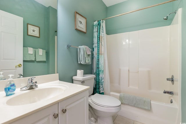 full bathroom featuring toilet, tile patterned flooring, shower / bath combination with curtain, and vanity