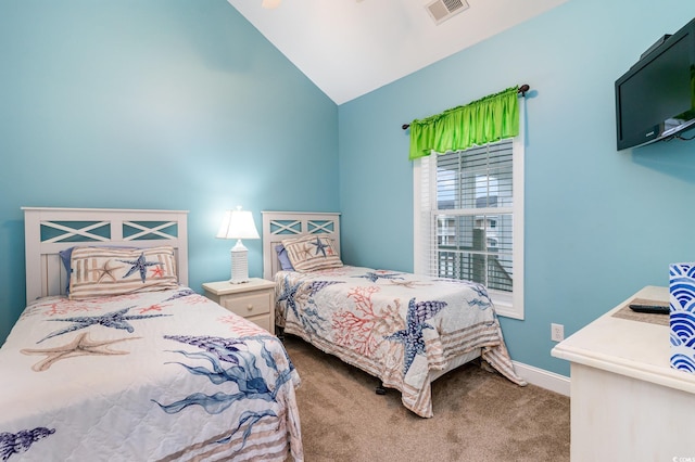 bedroom with baseboards, visible vents, vaulted ceiling, and carpet flooring