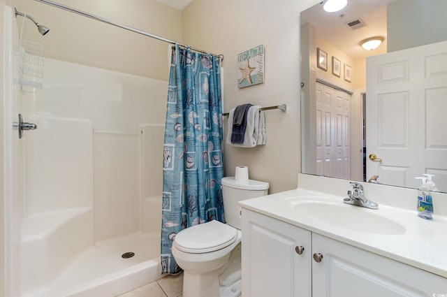 full bathroom with toilet, a shower stall, visible vents, and vanity