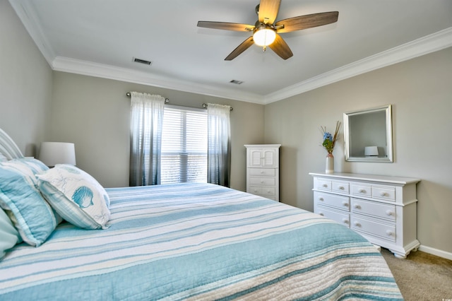 bedroom featuring crown molding, ceiling fan, and light carpet