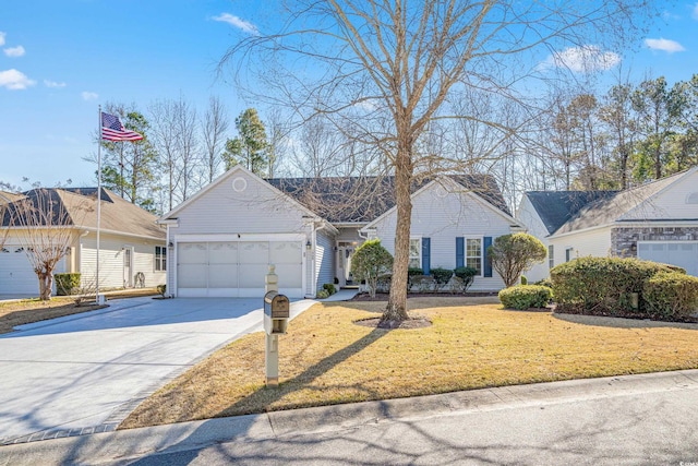 single story home with a front yard and a garage