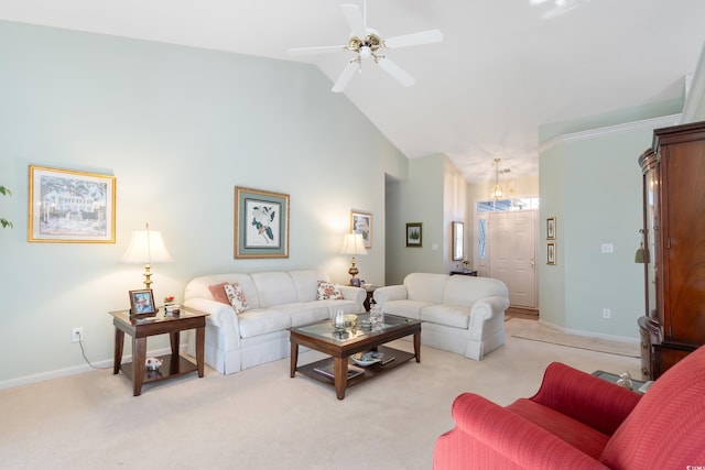 living room featuring light carpet, ceiling fan, and high vaulted ceiling