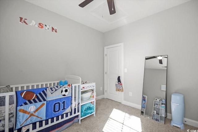 carpeted bedroom with ceiling fan