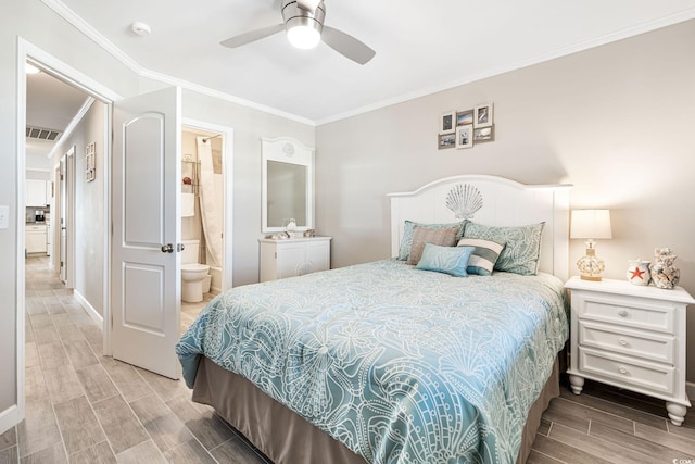 bedroom featuring ensuite bathroom, ceiling fan, light hardwood / wood-style flooring, and ornamental molding