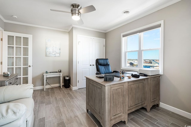 office area with ceiling fan, light hardwood / wood-style flooring, and ornamental molding