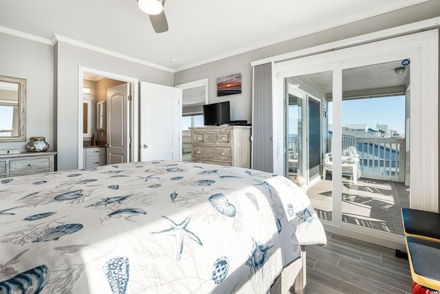 bedroom featuring access to outside, dark hardwood / wood-style floors, multiple windows, crown molding, and ceiling fan