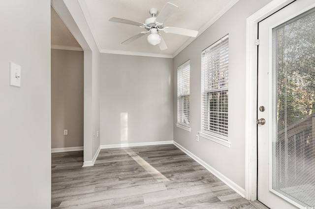 spare room featuring light wood-type flooring, ceiling fan, and ornamental molding