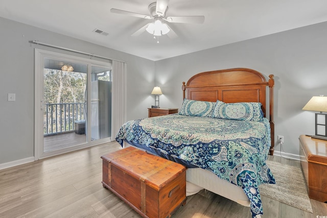 bedroom with access to outside, ceiling fan, and light hardwood / wood-style flooring