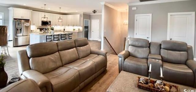 living room featuring ornamental molding and light hardwood / wood-style flooring