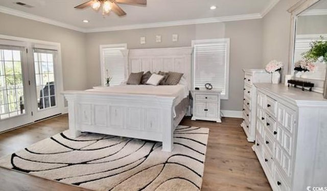 bedroom with ceiling fan, access to exterior, hardwood / wood-style floors, and ornamental molding