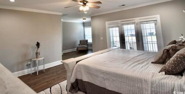 bedroom with ceiling fan, dark wood-type flooring, crown molding, and access to outside