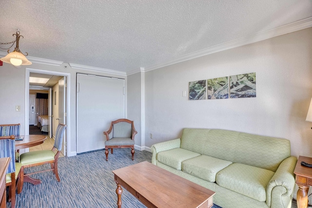 carpeted living room with a textured ceiling and crown molding