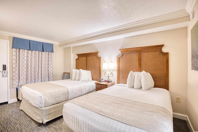 bedroom featuring a textured ceiling and crown molding