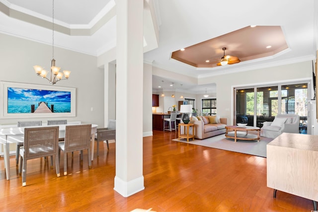 dining room with a raised ceiling, crown molding, ceiling fan with notable chandelier, and hardwood / wood-style flooring