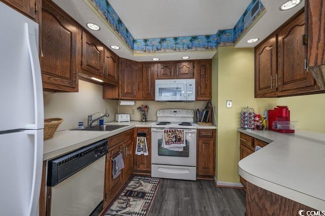 kitchen with sink, dark hardwood / wood-style floors, and white appliances