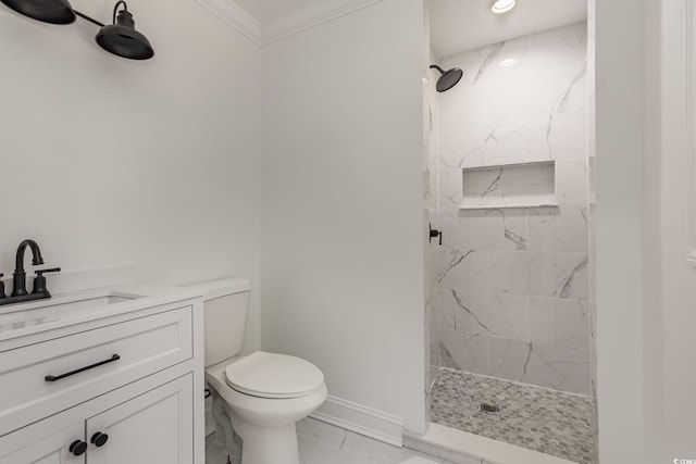 106 Governor Boone Ln, Georgetown, SC 29440 - bathroom featuring ornamental molding, marble finish floor, toilet, baseboards, and a marble finish shower