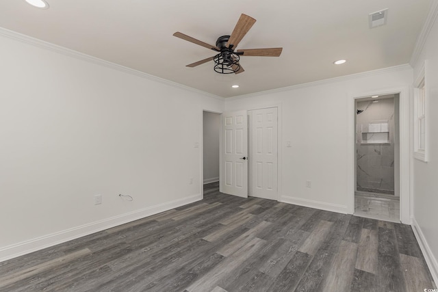 106 Governor Boone Ln, Georgetown, SC 29440 - unfurnished bedroom featuring visible vents, baseboards, dark wood-style floors, ornamental molding, and recessed lighting