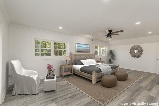 106 Governor Boone Ln, Georgetown, SC 29440 - bedroom with a ceiling fan, baseboards, light wood finished floors, ornamental molding, and recessed lighting