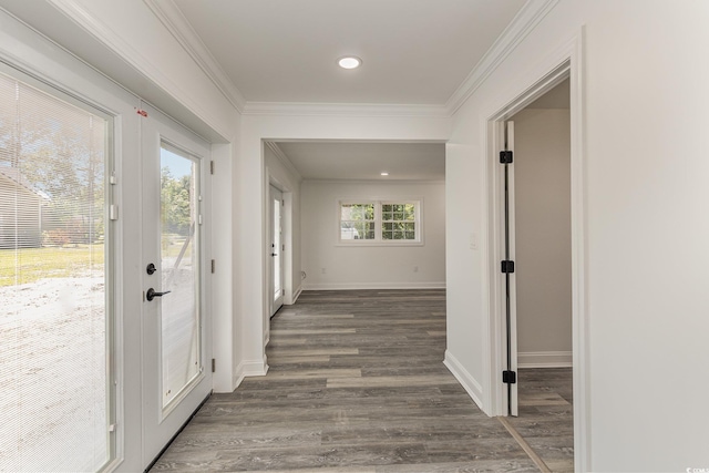 106 Governor Boone Ln, Georgetown, SC 29440 - corridor featuring recessed lighting, baseboards, ornamental molding, and dark wood-style flooring