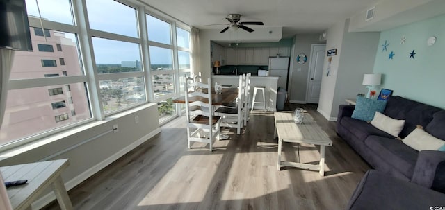 living room featuring hardwood / wood-style floors and ceiling fan