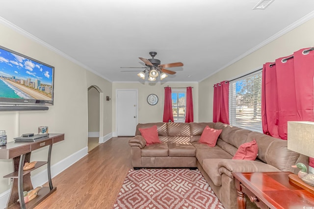 living room featuring ceiling fan, light hardwood / wood-style floors, and crown molding