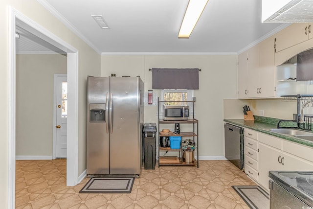 kitchen featuring sink, white cabinets, ornamental molding, and appliances with stainless steel finishes