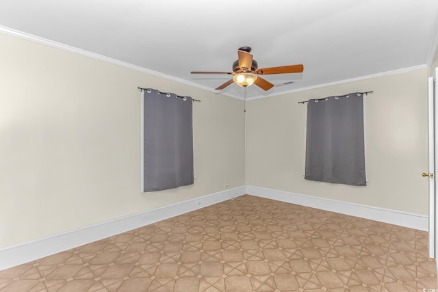 empty room featuring ornamental molding and ceiling fan