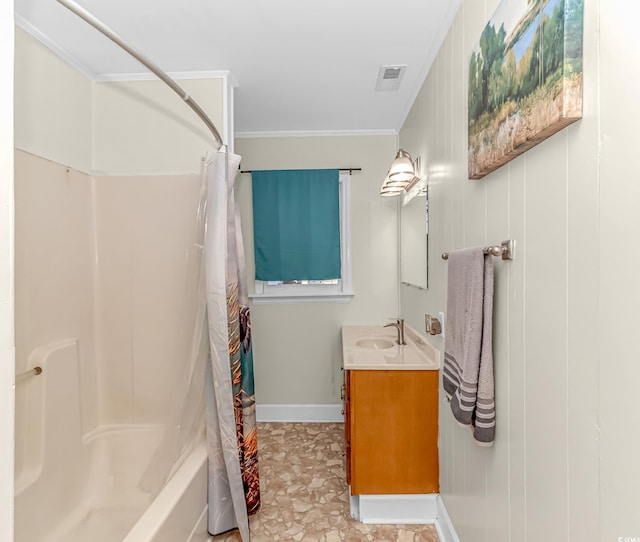 bathroom with vanity, shower / tub combo with curtain, and crown molding