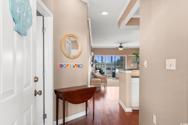 corridor with ornamental molding and dark hardwood / wood-style floors