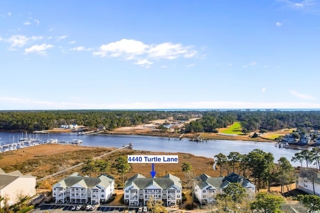 drone / aerial view with a water view