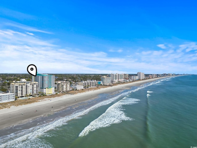 drone / aerial view with a water view and a view of the beach